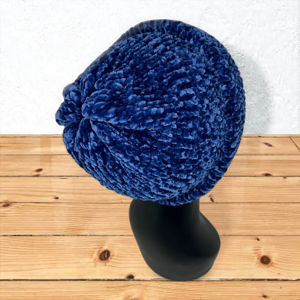 Handmade Super Soft Velvet Knit Beanie Handcrafted Hat Navy - Picture 5 of 11
